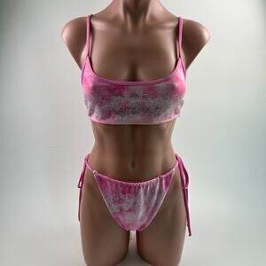 Frankies Bikinis Rhinestone Top & Side Tied Pink Bottom Set Size L